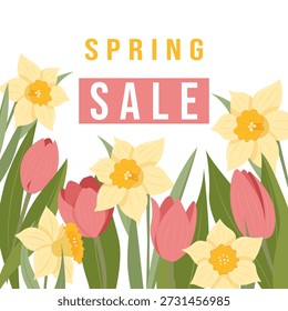 Um cartaz publicitário colorido de primavera com tulipas e narcisos. O cartaz foi concebido para evocar uma sensação de frescura e renovação com as suas cores vibrantes e o seu motivo floral.