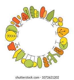 colorful spring and autumn tree border blank circle shape for text, ecology concept