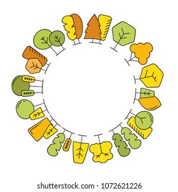 colorful spring and autumn tree border blank circle shape for text, ecology concept