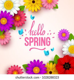 Colorful spring background with beautiful flowers. Vector illustration