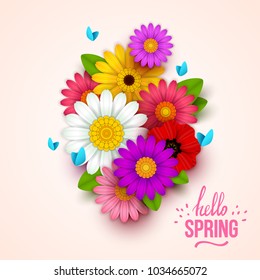 Colorful spring background with beautiful flowers. Vector illustration