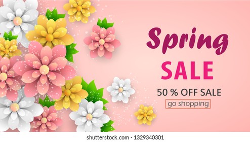 Colorful spring background with beautiful flowers. Voucher discount with beautiful flowers. Vector design for shop poster, leaflet or web banner. Vector illustration eps 10