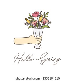 Colorful spring background with beautiful hand drawn flowers. Vector illustration.