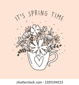 Colorful spring background with beautiful hand drawn flowers. Vector illustration.