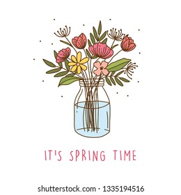 Colorful spring background with beautiful hand drawn flowers. Vector illustration.
