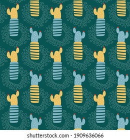 Colorful spring background with cacti and flowerpots, vector seamless pattern for fabrics, clothing, holidays, packaging paper, decoration.