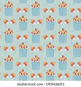 Colorful spring background with flowers and flowerpots, vector seamless pattern for fabrics, clothing, holidays, packaging paper, decoration.