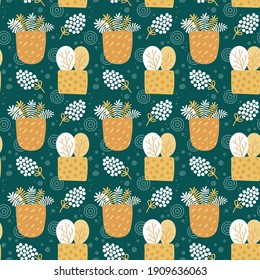 Colorful spring background with flowers and flowerpots, vector seamless pattern for fabrics, clothing, holidays, packaging paper, decoration.