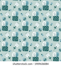Colorful spring background with flowers and flowerpots, vector seamless pattern for fabrics, clothing, holidays, packaging paper, decoration.