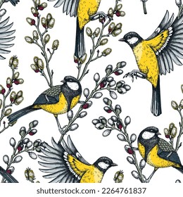 Colorful spring background. Great tits on willow branches in sketched style. Hand drawn passerine bird and flowers seamless pattern. Hand drawn wildlife design for textile, packaging, fabrics, prints