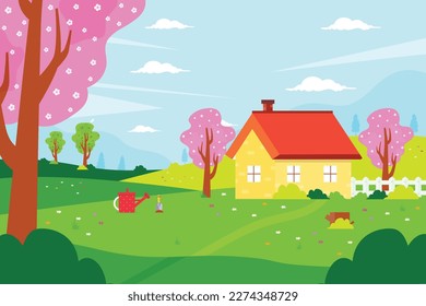 Colorful spring background. Trees and flowers in bloom, green hills and bushes and clear blue sky. Flat design vector illustration. 