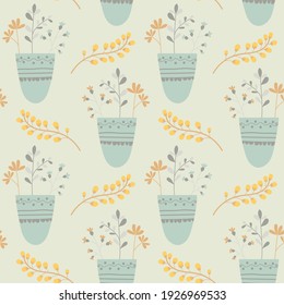 Colorful Spring backgrounds, Flowers and Houseplants, Cute Vector Seamless Pattern for fashion print, wallpaper or fabric.