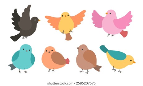 Colorful spring bird collection. Set of cute birds vector icons. Fun cartoon songbird and sparrows simple vector illustration. Springtime design elements.