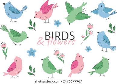 Colorful spring birds and flowers set. Vector birds in flat style.