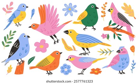 Colorful spring birds set. Hand drawn birds collection. Flat vector illustration isolated on white background.