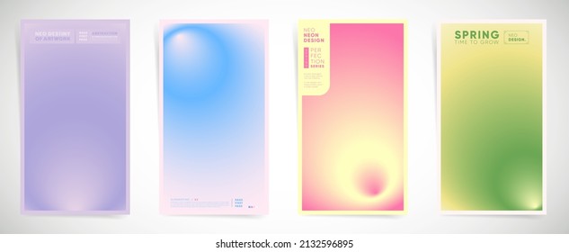 Colorful spring blurred vertical stories, gradient cover template design set for poster, social media post and stories banner. Neo cyberpunk gradient bright post. Vector springtime space vivid set.
