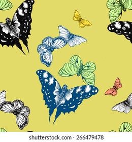 Colorful spring butterflies seamless pattern on yellow background vector illustration