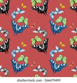 Colorful spring butterflies seamless pattern on red background vector illustration
