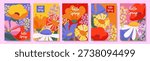 Colorful spring cards with a floral pattern. A vibrant botanical design for a holiday, invitation, or seasonal greeting. Floral background. Vector.
