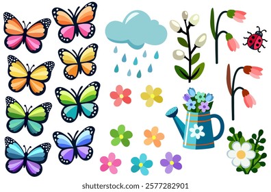 Colorful spring collection featuring butterflies, flowers, plants, a rain cloud, a ladybug and a watering can with flowers inside
