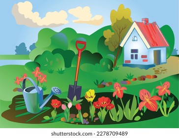 Colorful spring composition depicting a bright flower garden in the garden against the backdrop of a rural house and landscape. Vector. Plant care concept. Or a background for various characters.