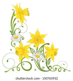 Colorful spring, daffodils, daisy and filigree leaves. Easter.