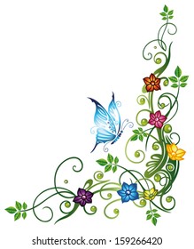 Colorful spring decoration with flowers and butterfly.