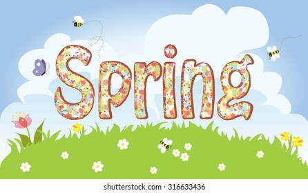Colorful spring design with flowers, butterfly, bees and clouds