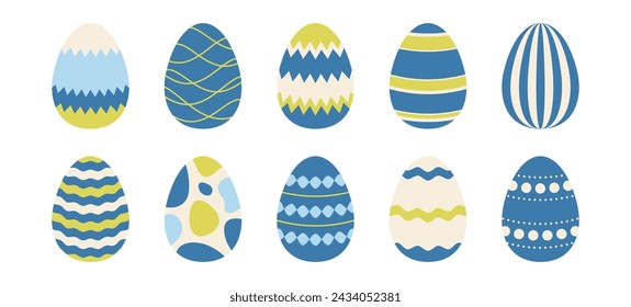 Colorful spring Easter eggs set. Blue, green, cream egg icon collection with different ornaments. Doodle style Easter illustration bundle for banner, poster, card, invitation, sticker. Vector