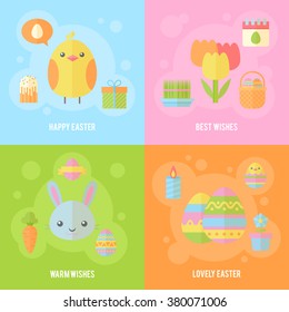Colorful spring Easter flat banners set with bunnies, chicken, eggs, candles, flowers for web design and postcards