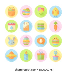 Colorful spring Easter flat icons set with bunnies, chicken, eggs, candles, flowers for web design and postcards