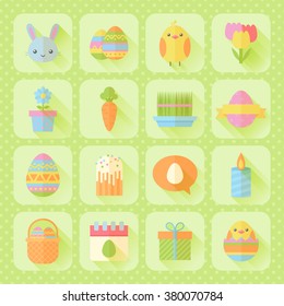 Colorful spring Easter flat icons set with bunnies, chicken, eggs, candles, flowers for web design and postcards