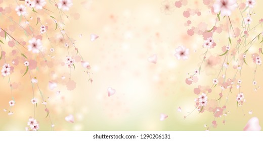 Colorful spring floral background with sakura flowers. Watercolor flower frame.  Beautiful floral background