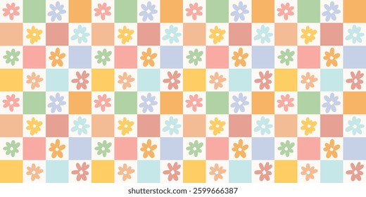 Colorful spring floral check vector pattern background, cute retro groovy daisy print wallpaper
