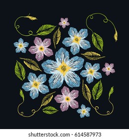 Colorful spring floral pattern, traditional embroidery. Vector folk fashion ornament with forget me not flowers on black background