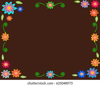 Colorful Spring flower as a border on brown background
