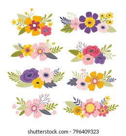 Colorful spring flower bouquets collection. Mixed floral arrangments. Vector floral design elements set.