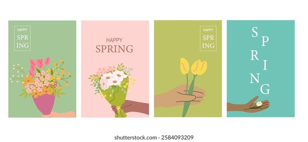 Colorful spring flower designs with multiracial hands holding bouquets and gardening tools.