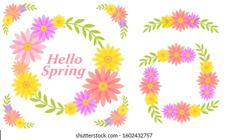 Colorful spring flower frame material, decoration material with flower motif, illustration