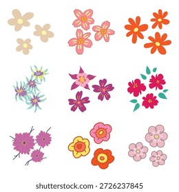 Colorido conjunto de cabeza de flor de primavera. Vector floreciendo flor de margarita y flores de hibisco para el patrón de verano o diseño de fondo floral