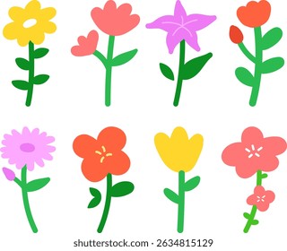 colorful spring flower illustration set, cute flower painting, minimal plant, wild flower
