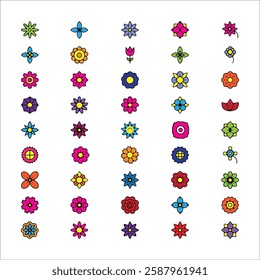 Colorful Spring flower set art design collection. illustration with retro style easy editable color.. Flower icon. Blooming flower icon, sign, cute floral design for card, web, poster, print.
