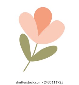 Colorful spring Flower. Vector Flat Cartoon illustration Isolated on White. Botany Design Element with Petals, Leaves, Stem. Cute Orange Pastel Plant, Easter Graphic Art, Decoration. For Card, Poster.