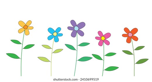 Farbige Frühlingsblumen Hintergrund süße Linie Design Element einzeln Illustration. Sommerdoodle im Frühling Geburtstag, floraler Hintergrund
