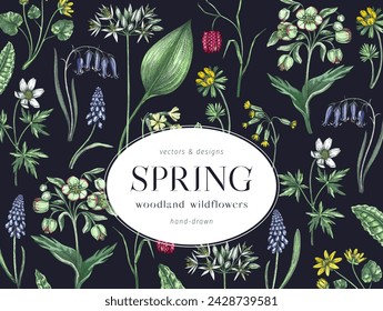 Colorful spring flowers background. Woodland flower, greenery, forest plants sketches. Botanical design in color. Wildflowers frame. Hand-drawn vector illustrations, NOT AI generated