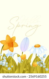 Colorful spring flowers bloom in a cheerful design celebrating the arrival of spring with vibrant hues , hello spring