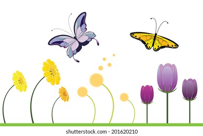 Colorful Spring Flowers and Butterfly
