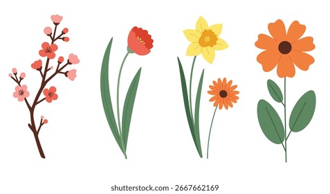 Colorful spring flowers collection in flat cartoon style illustration