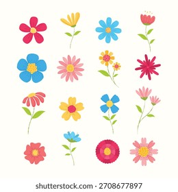 Flores de primavera coloridas en una Colección de ilustración de estilo plano