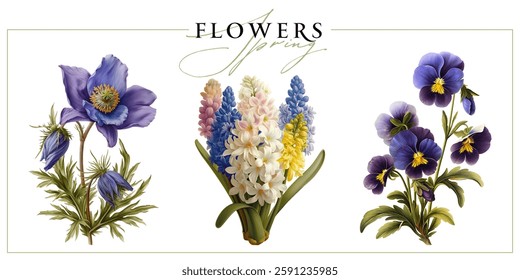 Colorful spring flowers isolated on a white background. Vintage painting style illustration.